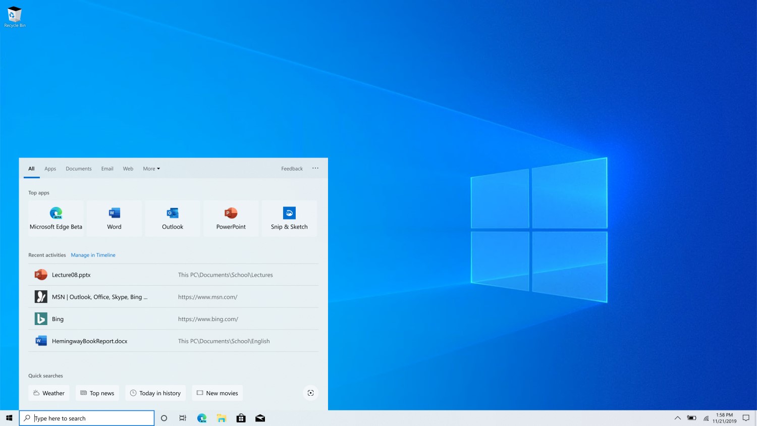Screenshot of Windows search home, pulled up in lower left hand corner of Windows home screen