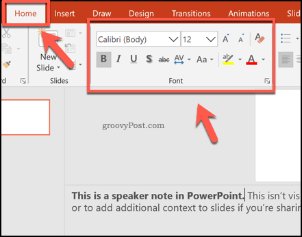Formatting speaker notes in PowerPoint