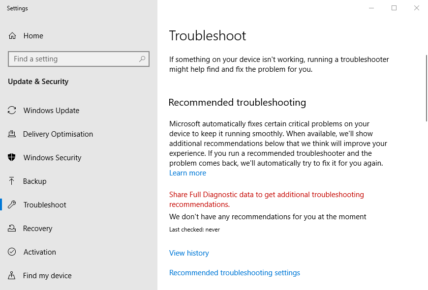 La scheda Risoluzione dei problemi 0x800f0986 windows errore di aggiornamento