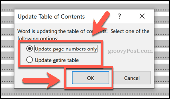 Confirming the update of a table of contents in Word