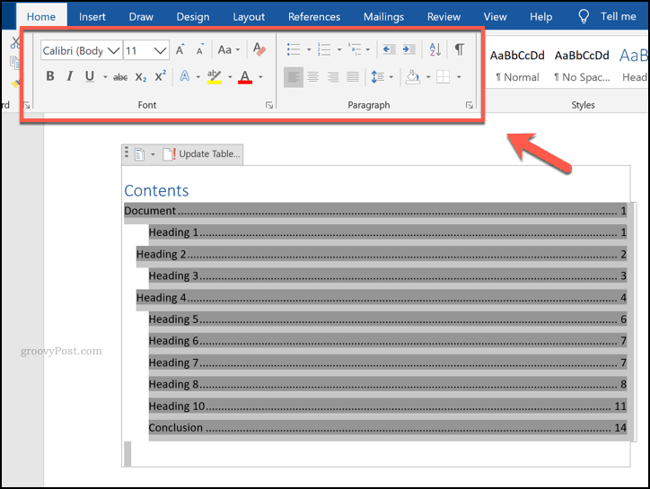Formatting a table of contents in Word