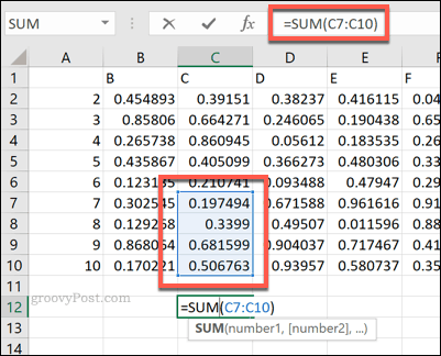 Une formule Excel SUM utilisant une plage de cellules