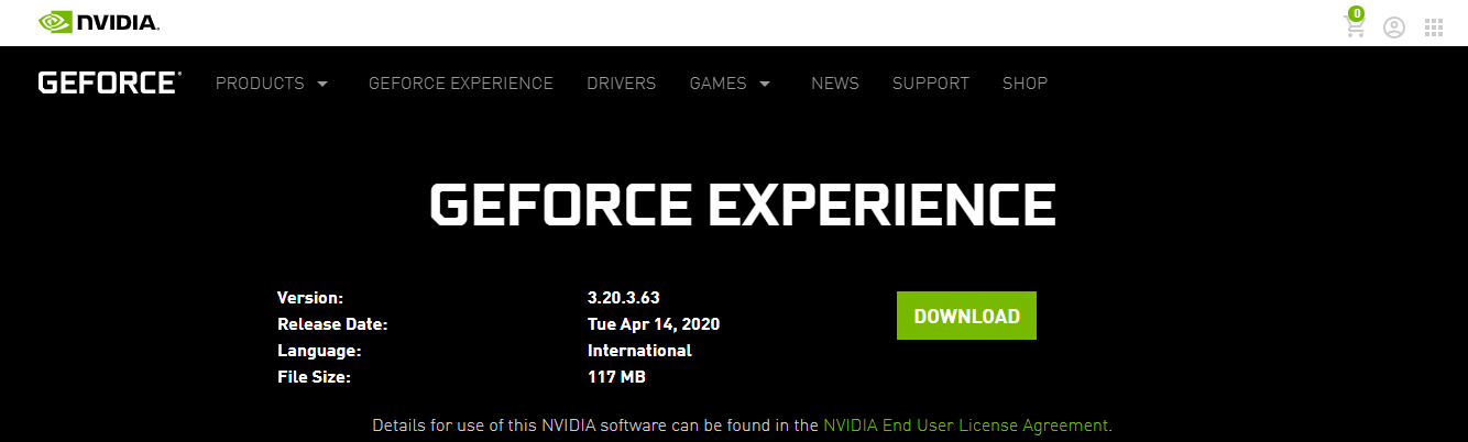 Stáhnout GeForce Experience - stránka ke stažení