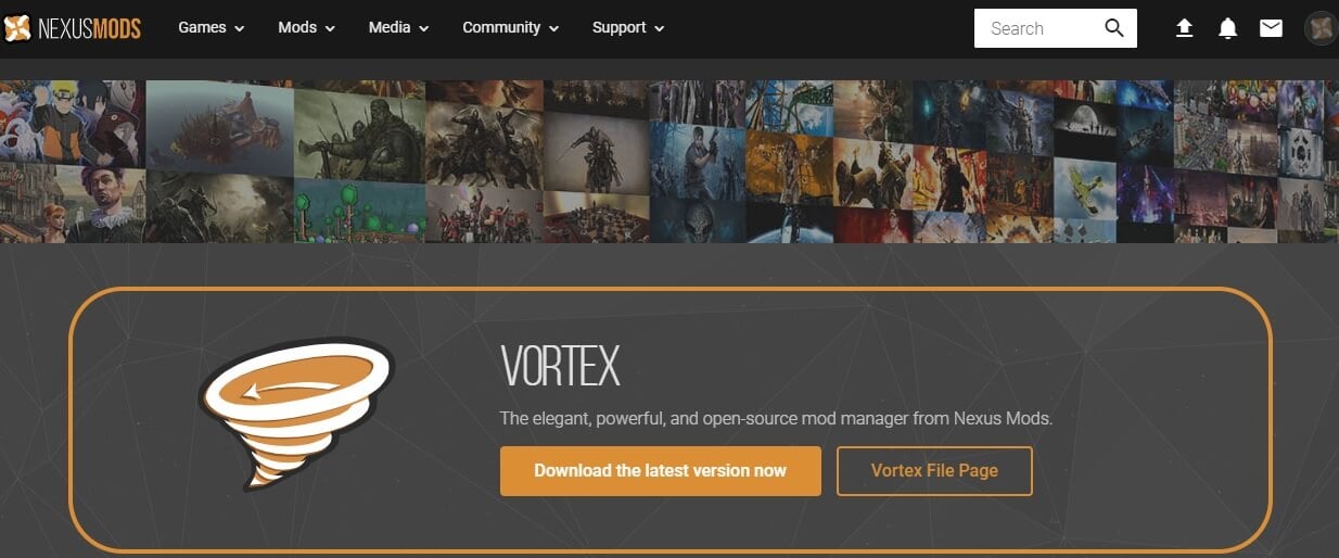 Página de download do Vortex - o nexus mod manager não está configurado para funcionar com o skyrim