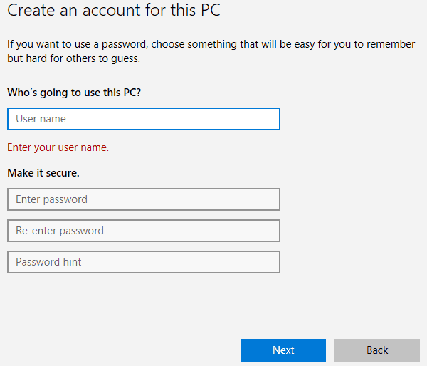 create an account for this PC installation already in progress