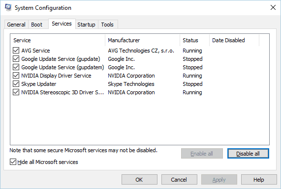 skriti vse namestitveno okno za konfiguracijo sistema Microsoftovih storitev, ki je že v teku