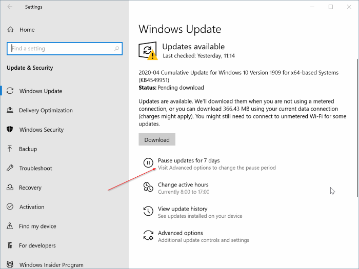 change Windows 10 update settings pic1