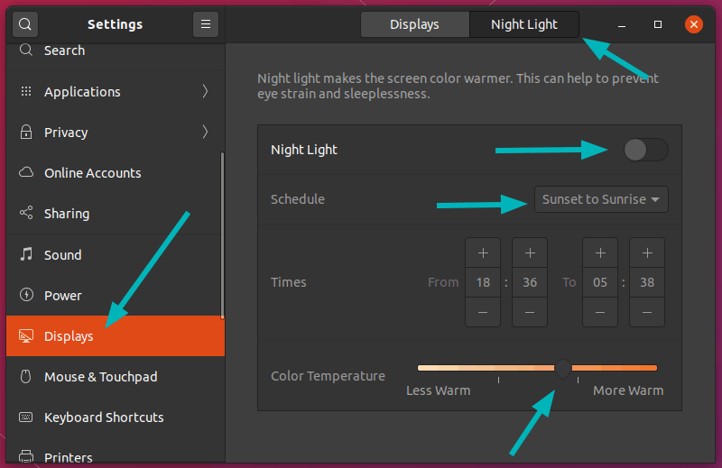 Nightlight in Ubuntu 20.04