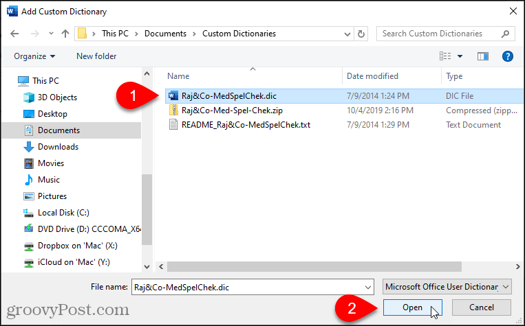 Select a custom dictionary to add in Word