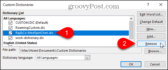 Remove a custom dictionary in Word