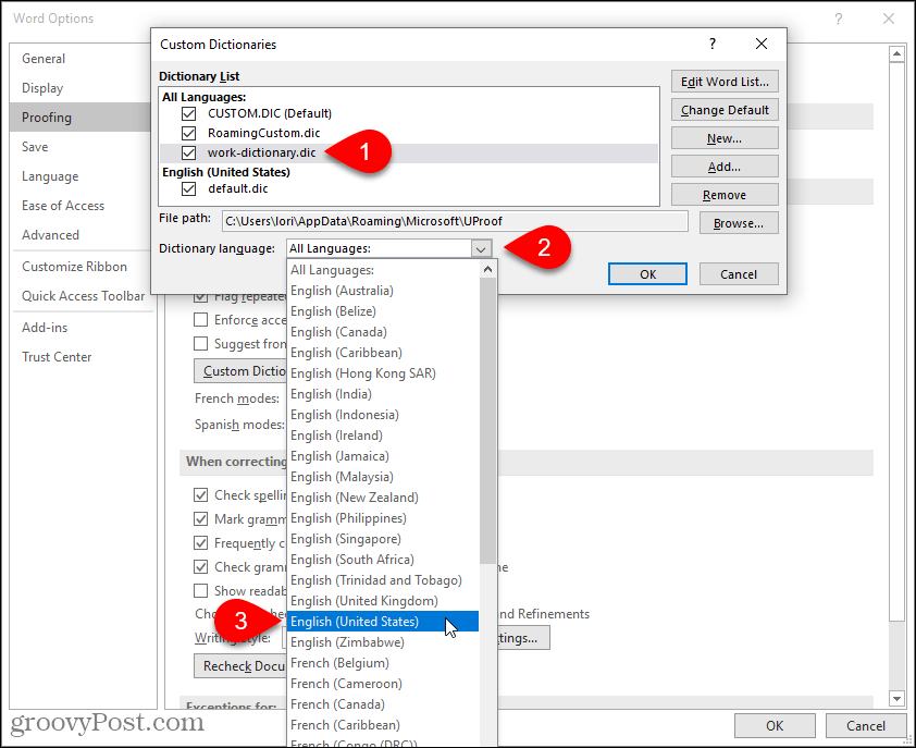 Select language for a custom dictionary in Word