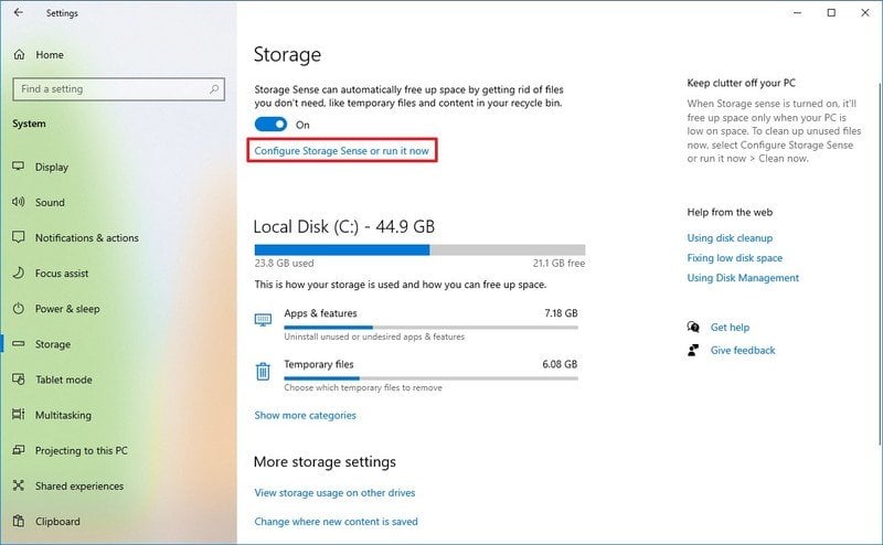 Windows 10 Impostazioni di archiviazione