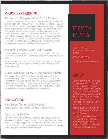 Reverse two-column resume template in CV style with red sidebar