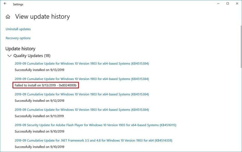 Windows 10 échec de l'installation de la mise à jour