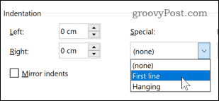 Selecting a first line indentation in Word