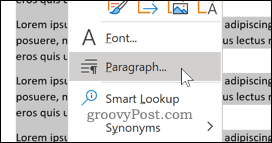 The Paragraph text option in Word