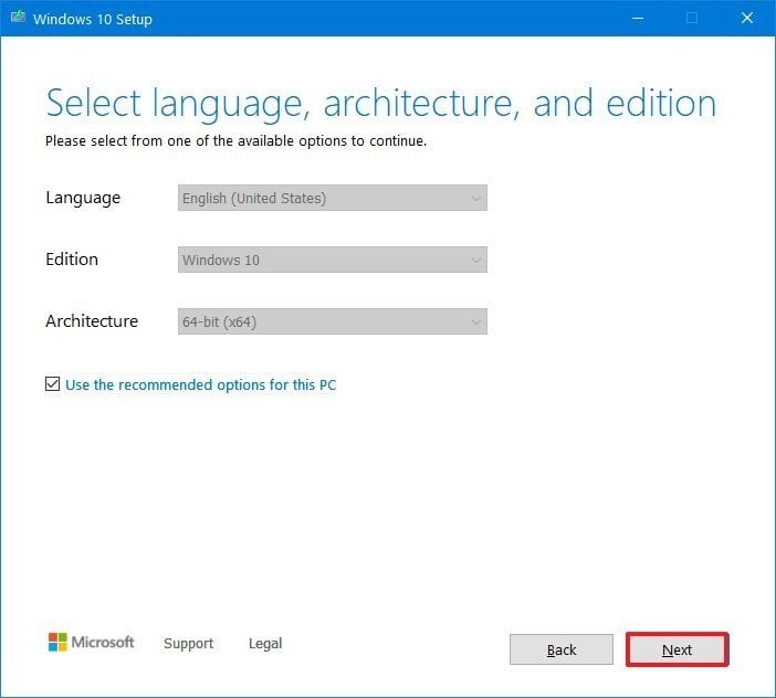Microsoft Creation Tool setup settings