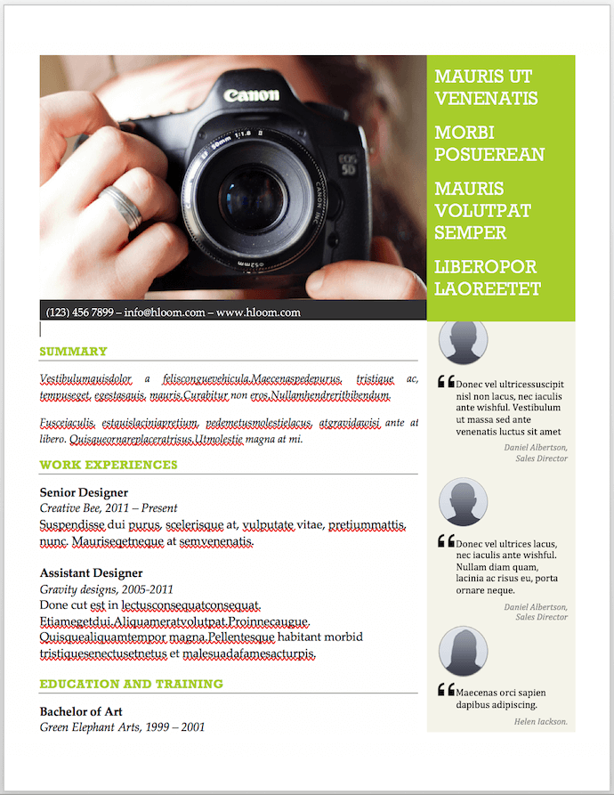 Modèle de CV du photographe pour MS Word avec espace pour recommandations et recommandations