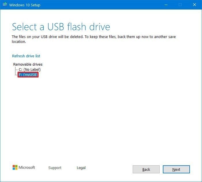 Media Creation Tool select USB drive option