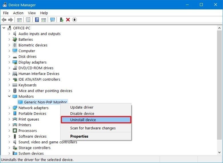 Device Manager odstranite gonilnik in ga popravite Windows 10 nadgradnja različice 2004
