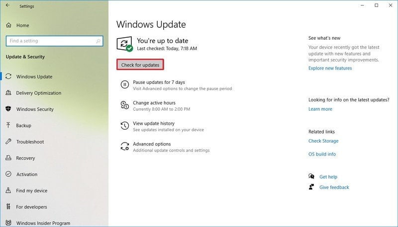 Windows 10 opção de verificar atualizações