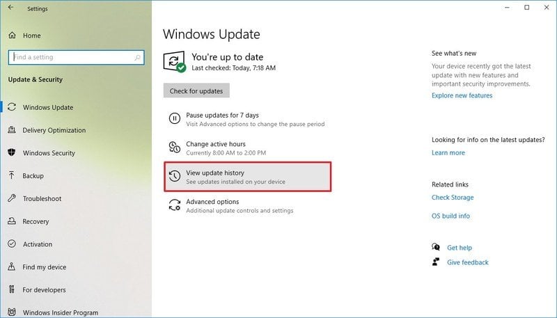 Windows Opção de atualização de histórico
