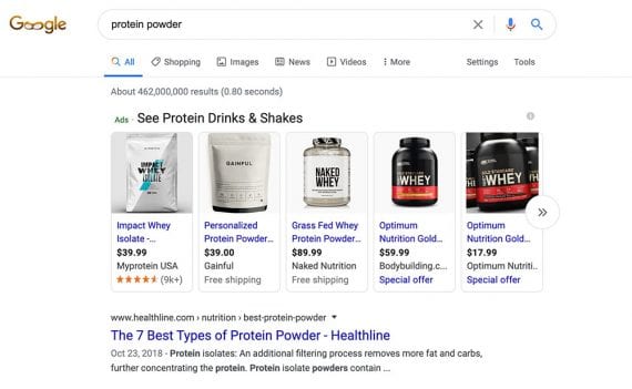 Search engine marketing describes advertising on search engines and ad networks. This example, from a Google search-results page, is for “protein powder” ads.