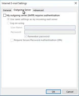 Outgoing Server tab Outlook Error 0x8004210B on Windows