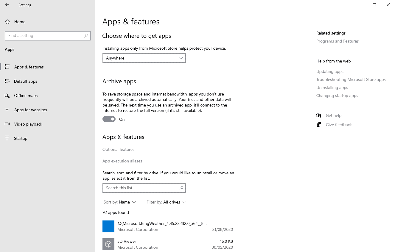 Primo sguardo alla nuova funzione Archive Apps di Windows 10