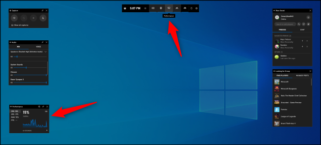 Finding the Performance pane in Windows 10's Game Bar.