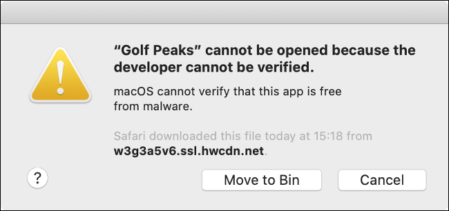 A macOS Gatekeeper error message.