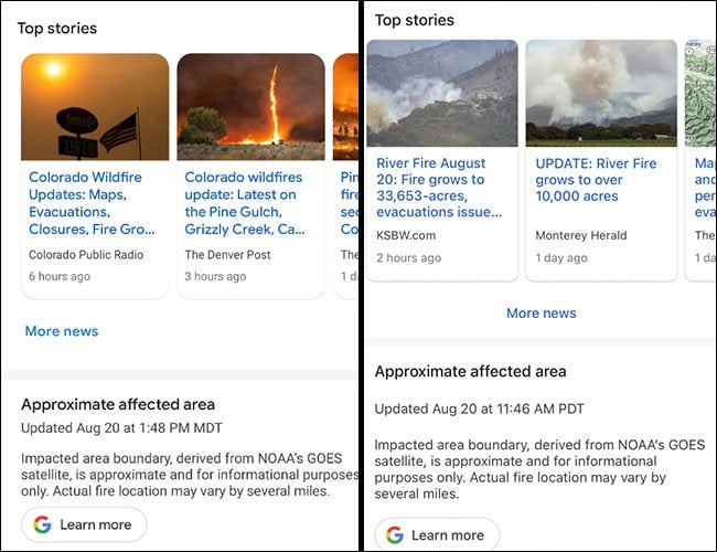 Google Maps with stories pertaining to the fires