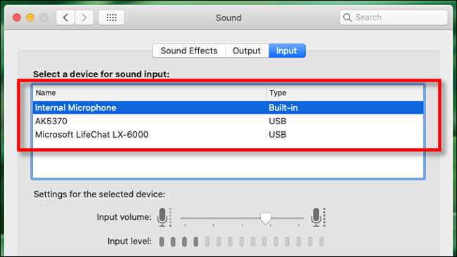 Select the microphone you want to use in the "Input" menu.