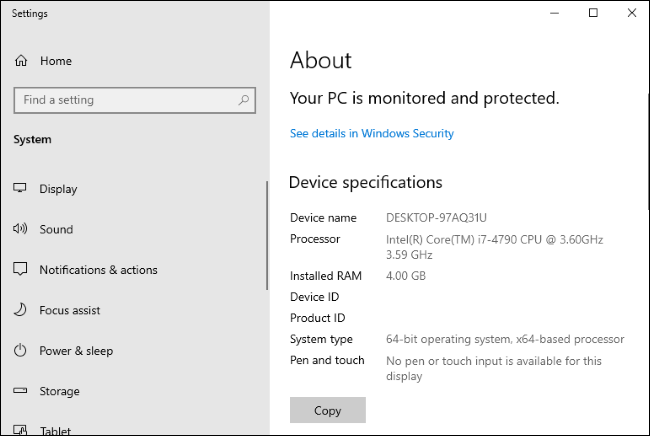 Windows 10's Settings > System > About page.