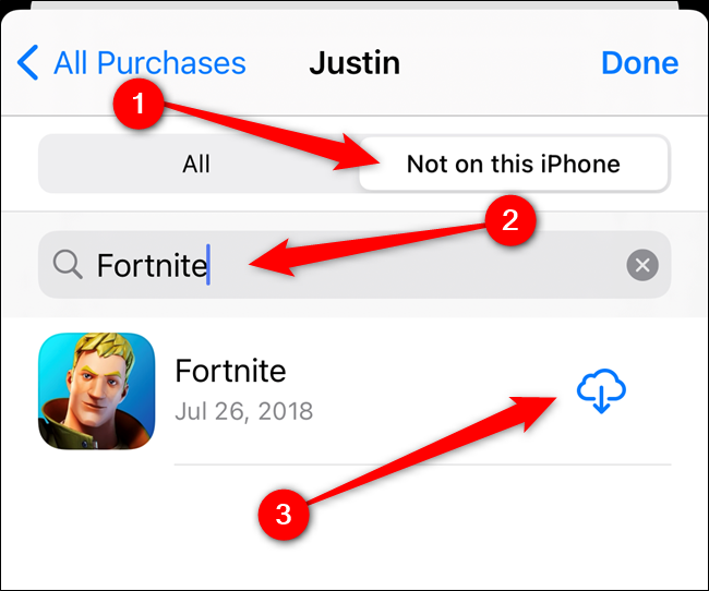 Switch to the "Not on this iPhone" tab, search for "Fortnite," and then select the Download button