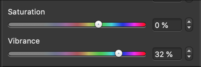 The "Saturation" and "Vibrance" sliders in a photo editor.