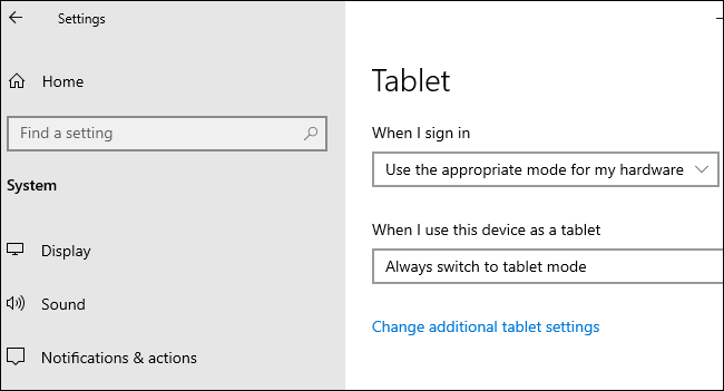 Tablet options under Settings > System > Tablet on Windows 10.