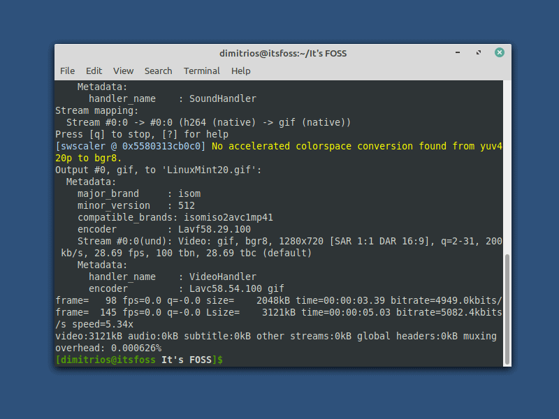 Converting video to gif using ffmpeg command line tool in Linux