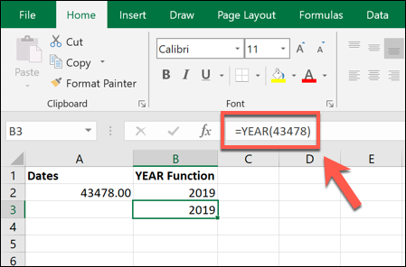 An Excel formula using the YEAR function, extracting a year from a 5-digit serial number counting from 1st January 1900.