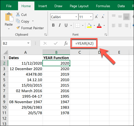 Examples of the YEAR function used in Microsoft Excel