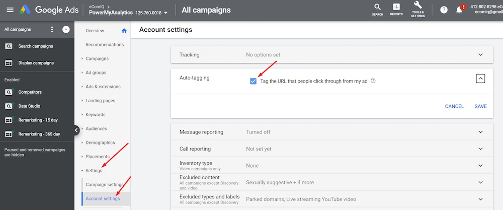 Ensure you have auto-tagging enabled in Google Ads at Settings > Account Settings.