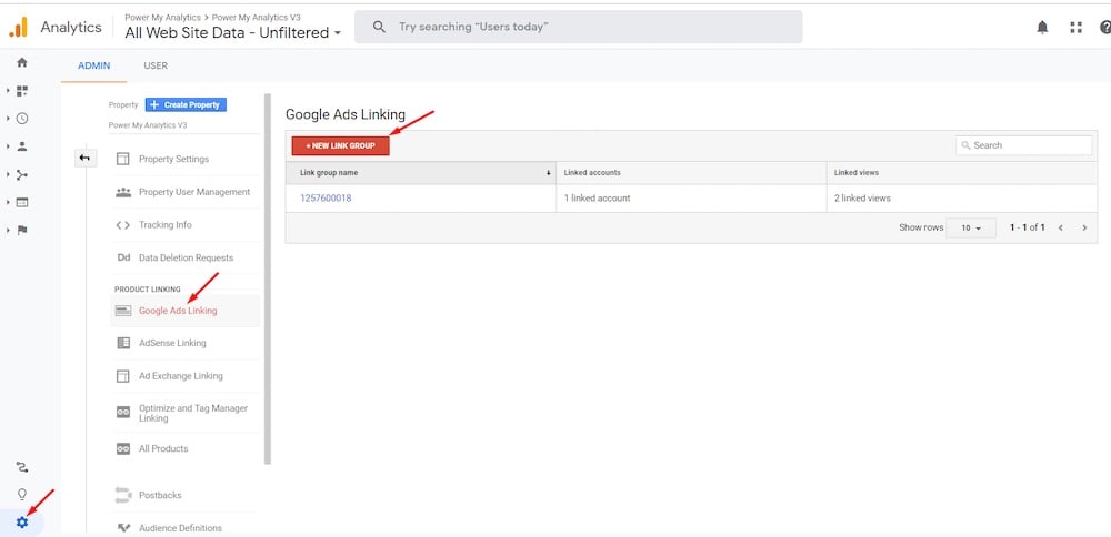 In Google Analytics, select the Google Ads account to link to at Admin > Property > Google Ads Linking.