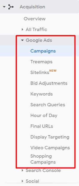 The Google Ads data will populate in Google Analytics at Acquisition > Google Ads.