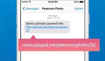 Service providers can use P2P apps to generate a “pay me” link and send it to a customer via text message, email, or social media,. This example is from PayPal.