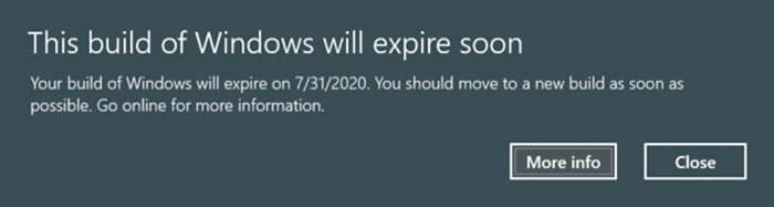 This build of Windows 10 will expire soon