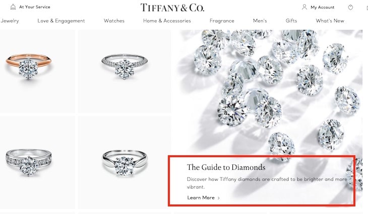 The Tiffany & Co. "Engagement Rings" category page includes a feature promoting "The Guide to Diamonds." The feature's description accomplishes a marketing objective along with optimizing for search engines.