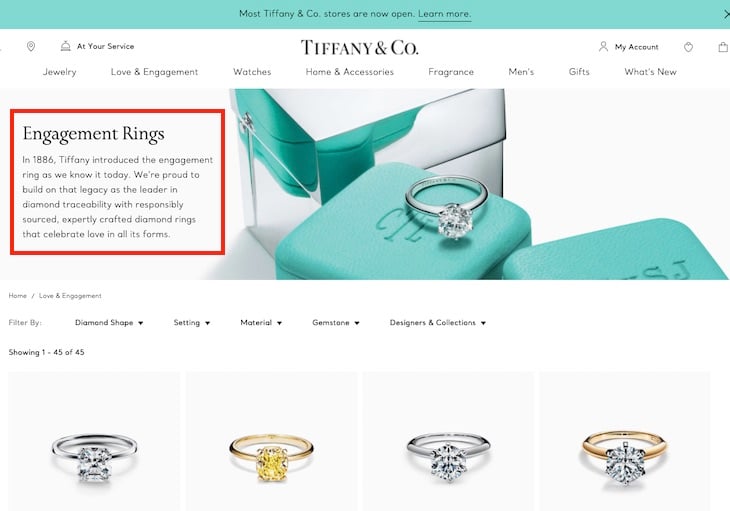 Tiffany & Co. places well-spaced text on its engagement rings category page.