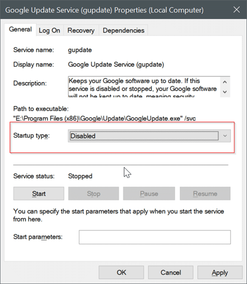disable Google Chrome automatic updates in Windows 10 pic3
