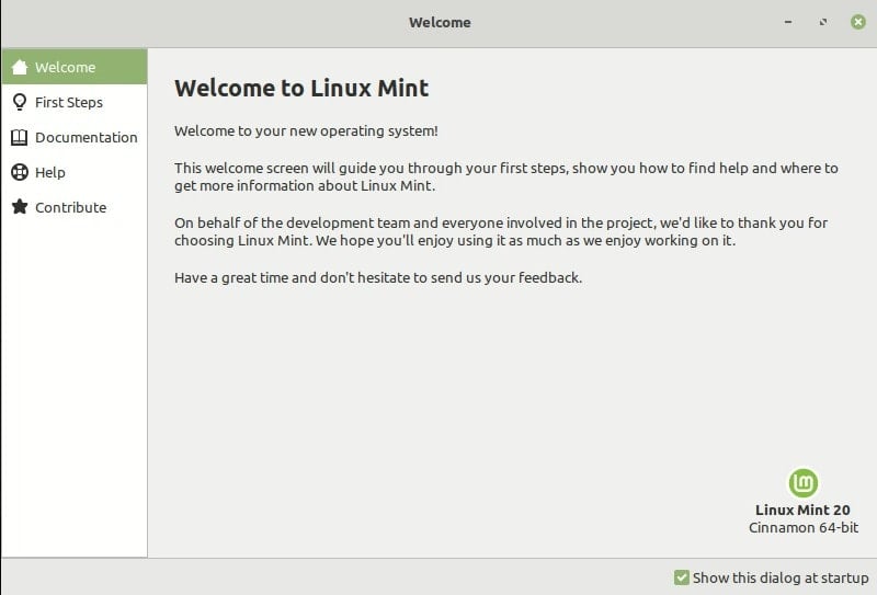 Dobrodošli zaslon Linuxa Mint