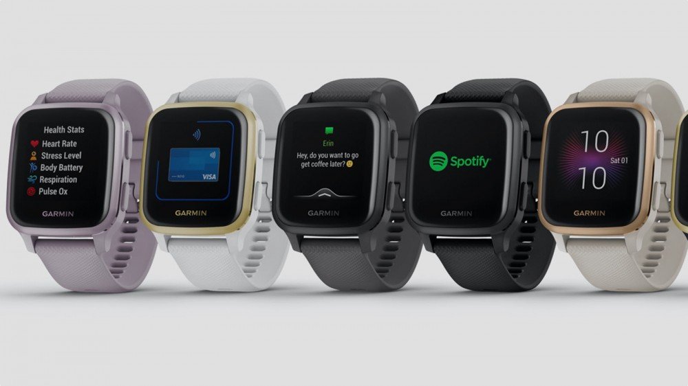 A row of Garmin Venu Sq smartwatches in various colors.